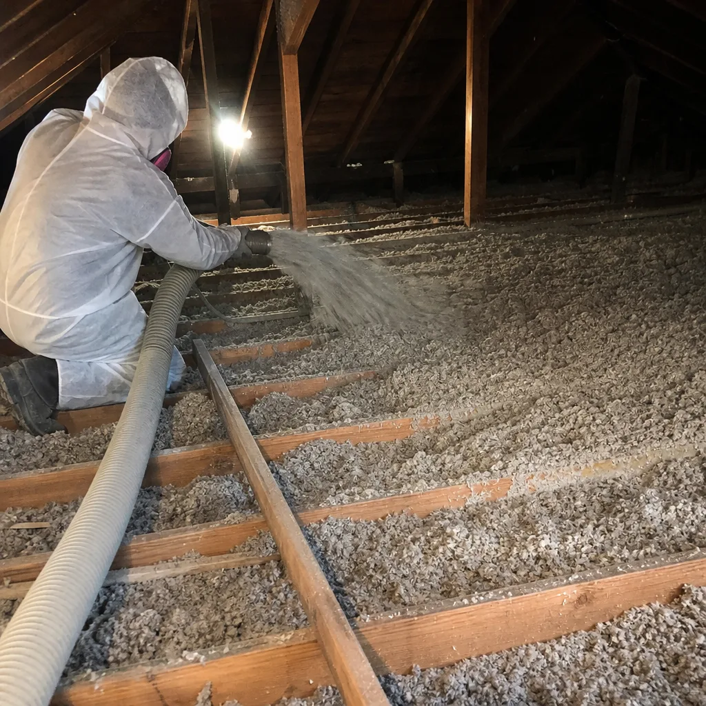 Professional technician installing blown-in attic insulation