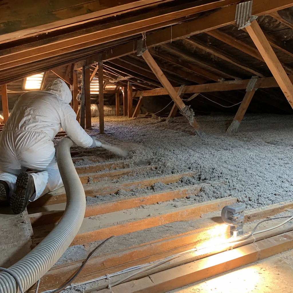 Technician installing blown-in attic insulation for energy efficiency