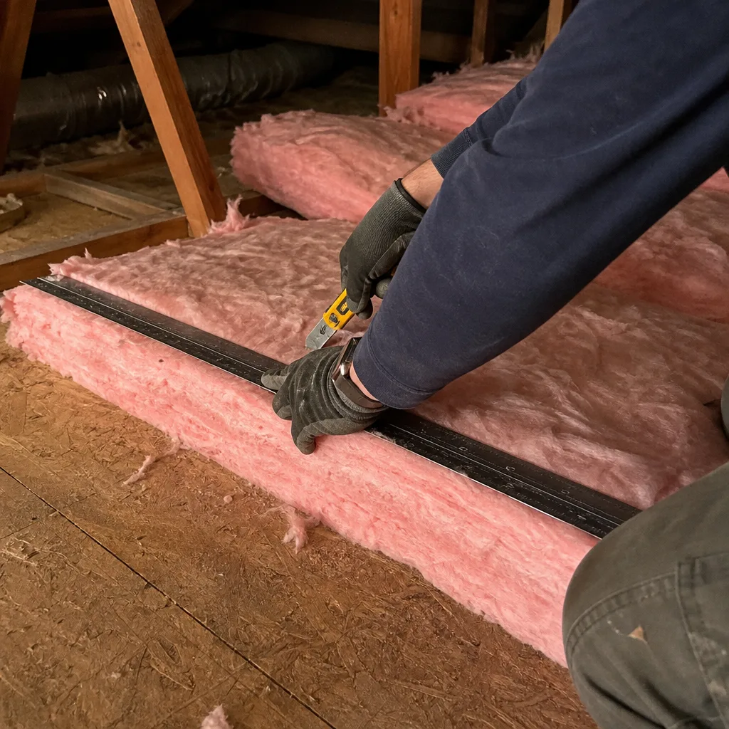 Worker cutting pink fiberglass attic insulation with a utility knife