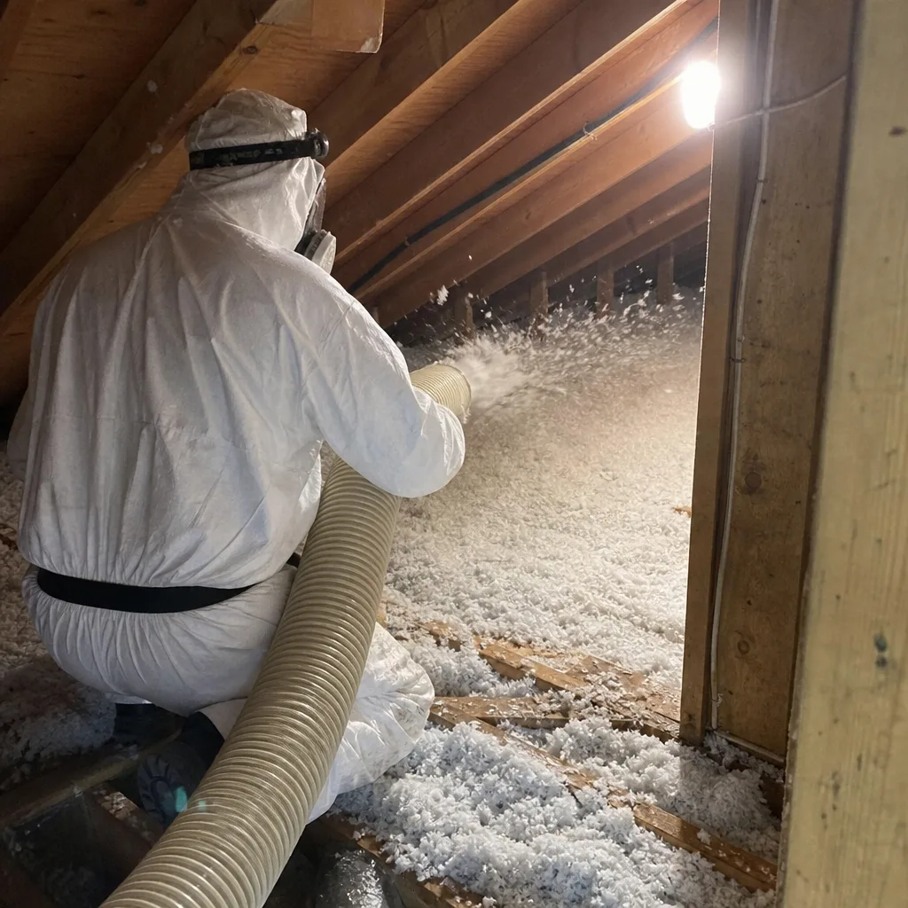 Technician installing blown-in insulation in an attic