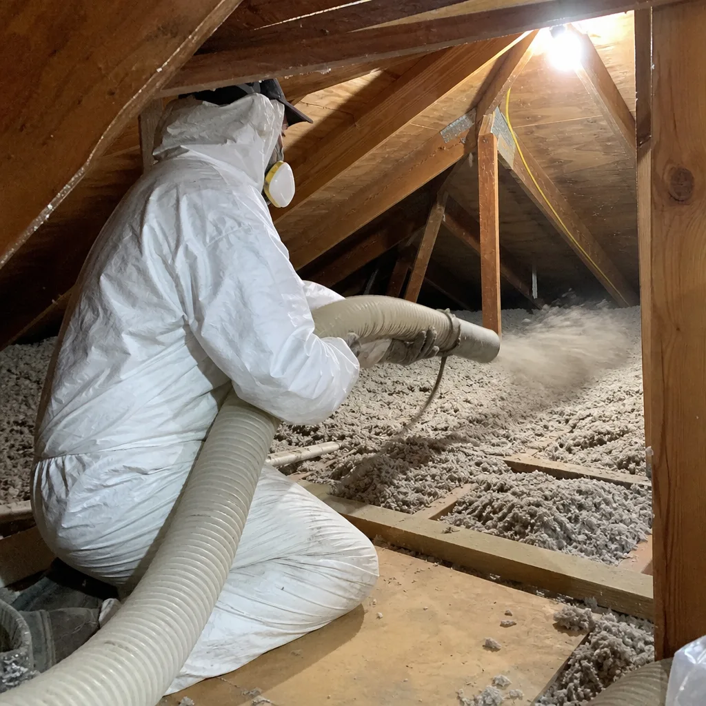 Professional contractor installing blown-in attic insulation for energy efficiency
