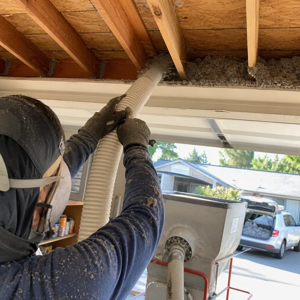 Technician using professional equipment for residential blown-in insulation installation