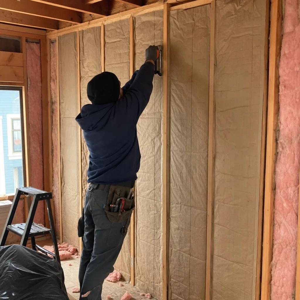 Worker installing paper-faced fiberglass insulation in wooden wall framing